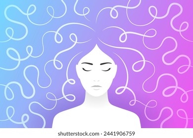 Silhouette of woman being deep in thoughts, thinking and dreaming about something, curved tangled lines as symbol of reflections. Concept of mental health