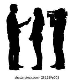 Silhouette of a woman being interviewed by a reporter with a cameraman capturing the scene, set against a plain background.