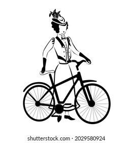 Silhouette of a woman with a bicycle. Woman in retro clothes 19th century. Fashion and transportation. Vector illustration.
