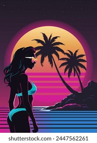 Silhouette einer Frau im Bikini und einem wunderschönen fantastischen Sonnenuntergang über dem Ozean vor dem Hintergrund des Sternenhimmels