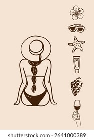 Silhouette of a woman in bikini with long braid and sunhat relaxing, surrounded by tropical summer elements on beige background