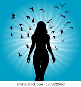 Silhouette of woman with birds flying around her on sunburst background