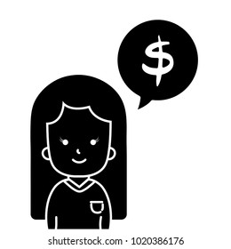 silhouette woman with blouse and dollar symbol inside chat bubble