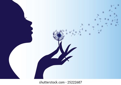 Silhouette Of A Woman Blowing The Dandelion