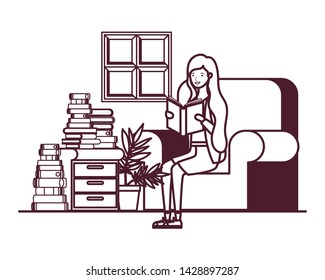 silhouette of woman with book in hands in living room