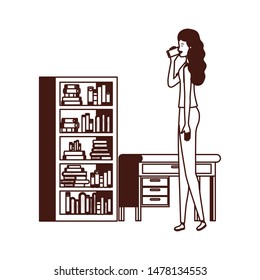 silhouette of woman with bookshelf of wooden and books