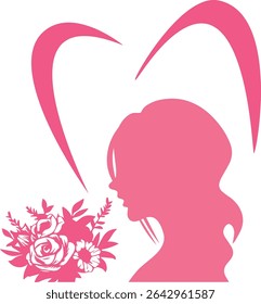 silhouette of woman with bouquet of flowers, pink outline color, symbol of falling in love