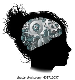 Silhouette Of A Woman With A Brain Made Up Of Gears Or Cogs Workings Machine Parts