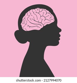 Silhouette of a woman with a brain shape isolated on pink background. Vector illustration