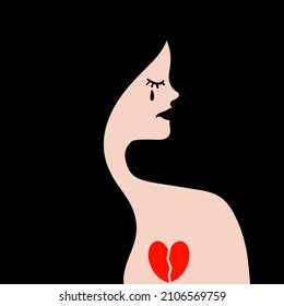 Silhouette of a woman with a broken heart on a black background. A girl with long black hair and black lips in profile with a black tear.