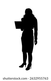 Silhouette of a woman in business attire holding a laptop, minimal graphic style on a white background. Concept of technology, professionalism, and business. Vector illustration