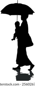 Silhouette of a woman carrying a child and holding an umbrella, reflected in a puddle on a rainy day, against a white background.