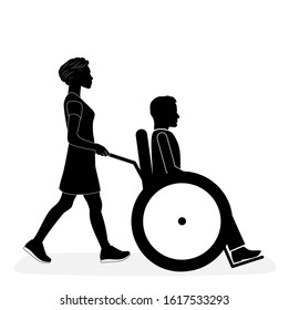 silhouette of a woman carrying a man in a wheelchair. care and revenue. vector illustration.