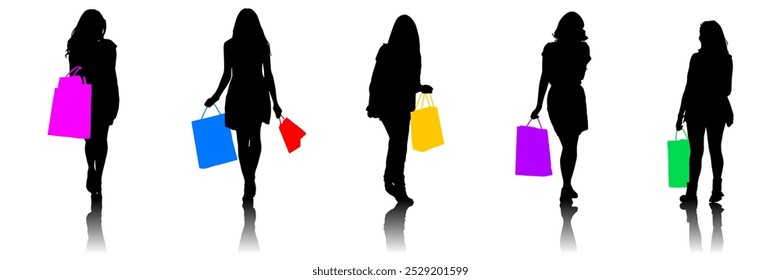 silueta de mujer que lleva bolsos de compras, mujeres que sostienen bolsos. Consumismo y terapia al por menor Comprar bienes, felicidad y alegría de comprar cosas de descuento, adicto a las compras o de moda