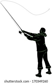 Silhouette of a woman casting a fishing rod