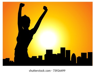 Silhouette of a woman celebrating arms raised at sunrise