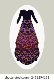 Silhouette Woman character in dress for wedding decoration, purple fashion prom wedding dress maxi, indian style frock dress gown design