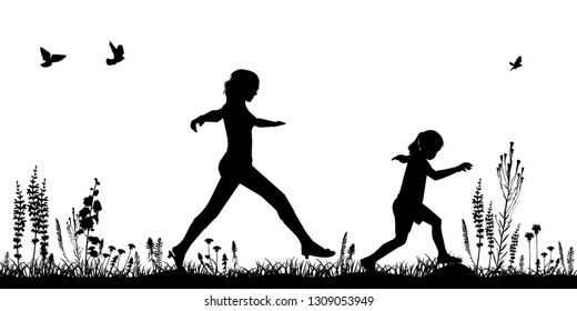 Silhouette of woman with children, vector. Mother's day, happy motherhood concept. Mom and daughters run, jump, have fun.