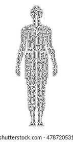 Silhouette of a woman in circuit scheme style. Android, mechanical man, cyborg. Electronic computer woman. Vector illustration.