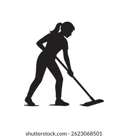Silhouette of a Woman Cleaning the Ground with a Wiper – Minimalist Cleaning Action