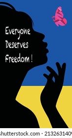 The silhouette of a woman with a colorful butterfly releasing from her right hand, symbolizing the pursuit of human freedom, with the Ukrainian flag as background. anti war, stand with Ukraine. Vector