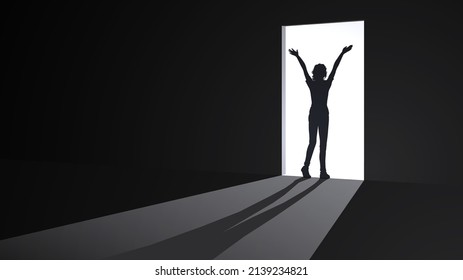 Silhouette of a woman comes out of a dark room to freedom, the concept of hope, faith and achievement of goals