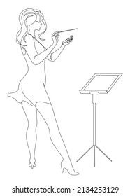 Silhouette of a woman with a conductor's baton in a modern continuous line style, beauty. Lady Conductor. Aesthetic decor sketches, posters, stickers, logo. Vector illustrations.