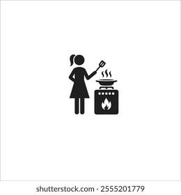 Silhouette of a Woman Cooking on a Stove with Spatula in Hand. The image represents homemade culinary skills and kitchen activities. Ideal for illustrating cooking concepts and culinary themes.