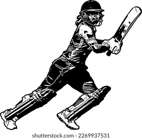 Silueta de una mujer bateadora de cricket, dibujo de un cricket femenino, ilustración de un vector de la línea de criquet femenino en acción