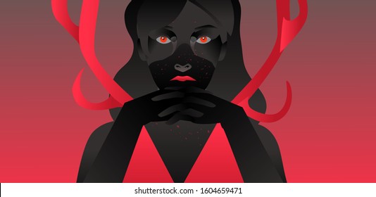 Silhouette of woman with crossed fingers. Antlers or deer horns behind her back. Horror and suspense atmosphere.