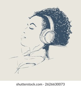 Silhueta de uma mulher com cabelo encaracolado ouvindo música com fones de ouvido.