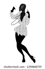 Silhouette of woman dancing new wave music wearing clothes in the style of the 80s isolated on white background