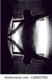 Silhouette of  woman dancing in a open door. Distressed vector illustration background in black and white texture with  dark spots, scratches and lines.