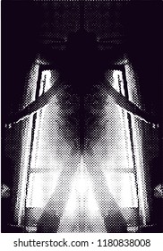 Silhouette of  woman dancing in a open door. Distressed vector illustration background in black and white texture with  dark spots, scratches and lines.