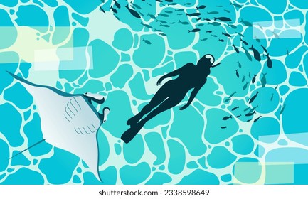 Silhouette einer Frau Taucherin und Fische um sie herum, die von unten blauem Wasser unter Wasser Textur auf Hintergrund