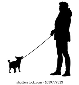 Silhouette of woman and dog on a white background.