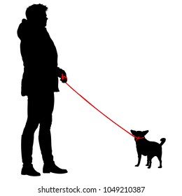 Silhouette of woman and dog on a white background