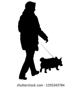 Silhouette of woman and dog on a white background