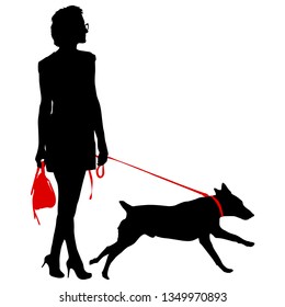 Silhouette of woman and dog on a white background