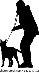 Silhouette of woman and dog on a white background