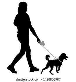 Silhouette of woman and dog on a white background