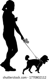 Silhouette of woman and dog on a white background