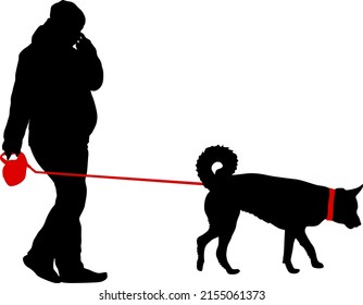 Silhouette of woman and dog on a white background