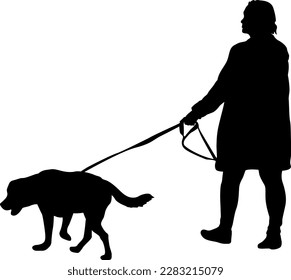 Silhouette of woman and dog on a white background.