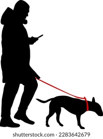 Silhouette of woman and dog on a white background.