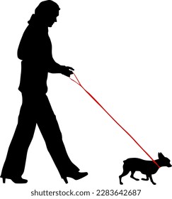 Silhouette of woman and dog on a white background.