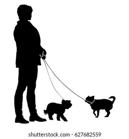 Silhouette of woman and dog on a white background