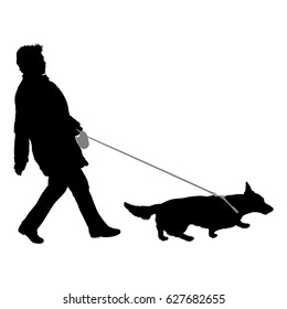 Silhouette of woman and dog on a white background