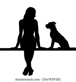 Silhouette of a woman with a dog in profile standing on a bench