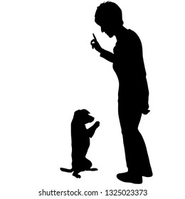 Silhouette of woman and Dog sitting on its hind legs on a white background